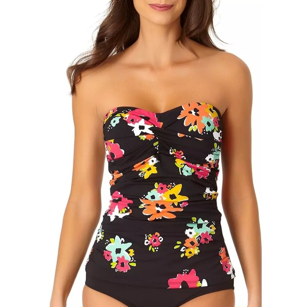 Anne Cole Floral Print Removable Strap Tankini Swim Top Black Multicolor XS